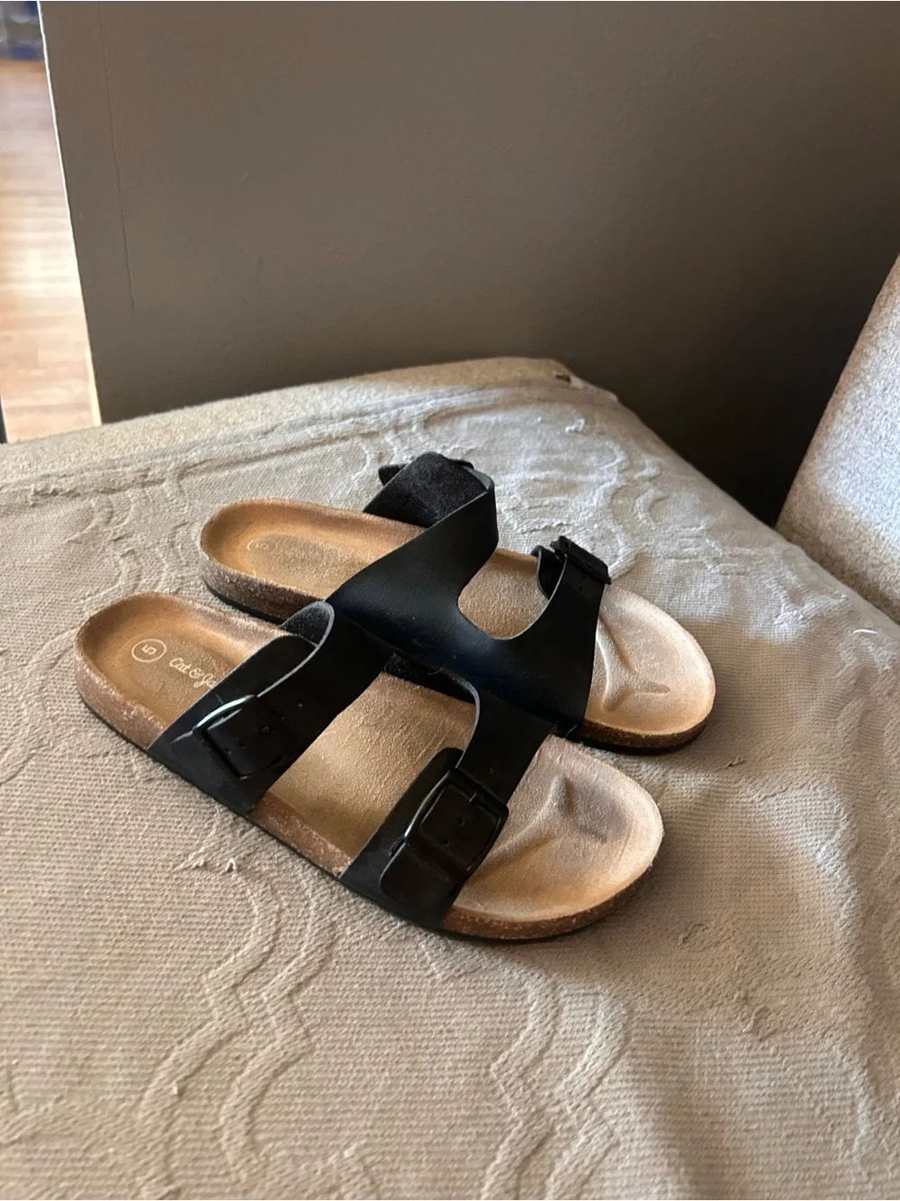 Black Double-Buckle Slide Sandals - Kids